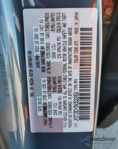 2022 Mazda Cx-9 Grand Touring z USA, uszkodzony, nr VIN JM3TCBDY6N0622858